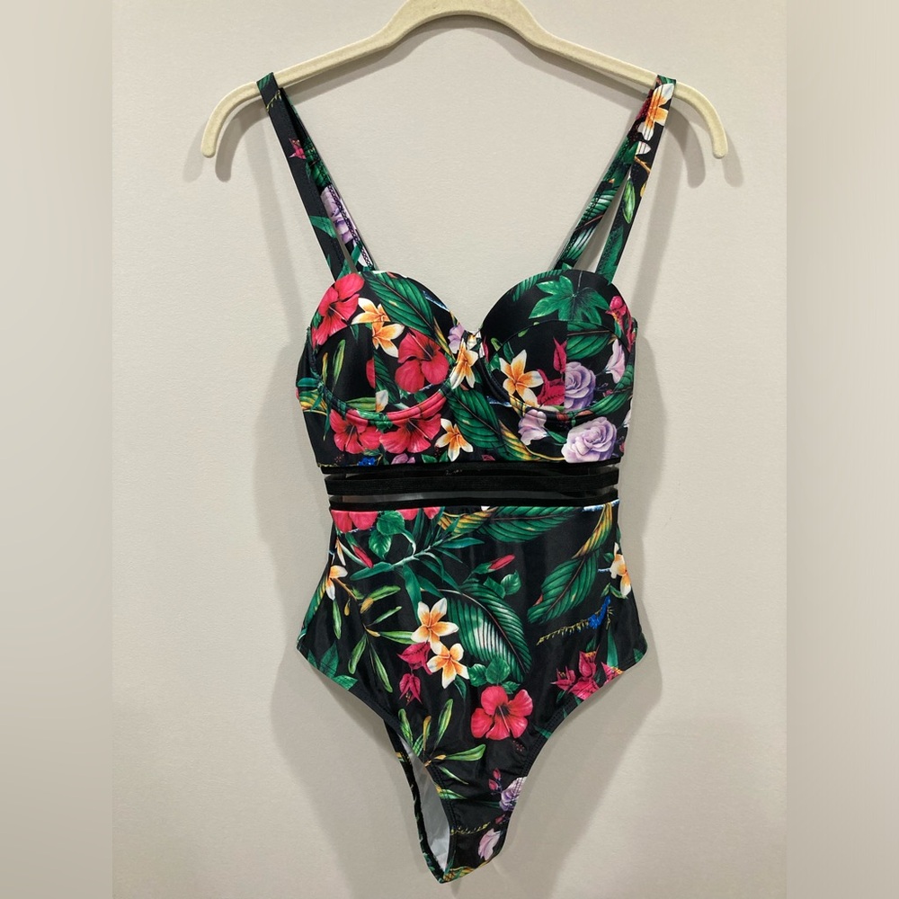 Floral Tropical One-Piece Swimsuit Small Mesh Center Spaghetti Straps